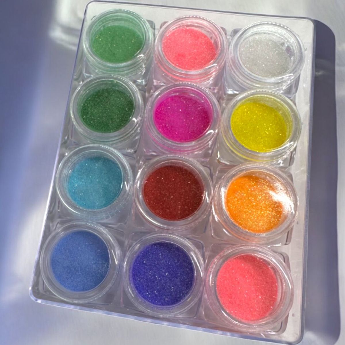 12 shades of Rainbow glitter 0,1 mm. 